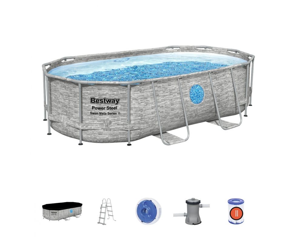 Set piscina fuori terra ovale Power Steel Swim Vista  da 427x250x100 cm  con pompa filtro a cartuccia effetto pietra