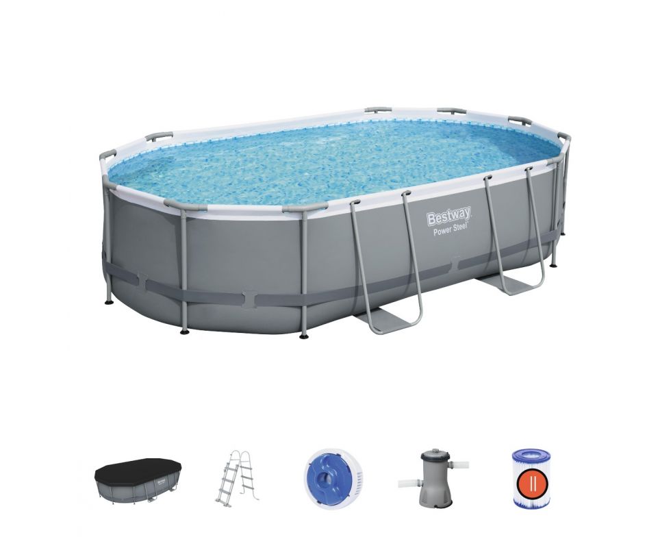 Set piscina fuori terra ovale Power Steel  da 488x305x107 cm con pompa filtro a cartuccia grigio scuro