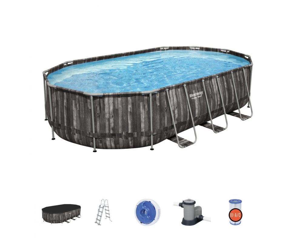 Set piscina fuori terra ovale Power Steel  da 610x366x122 cm pompa filtro a cartuccia effetto legno scuro