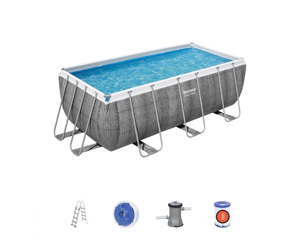 Set piscina fuori terra rettangolare Power Steel  da 412x201x122 cm con pompa filtro a cartuccia effetto rattan grigio scuro