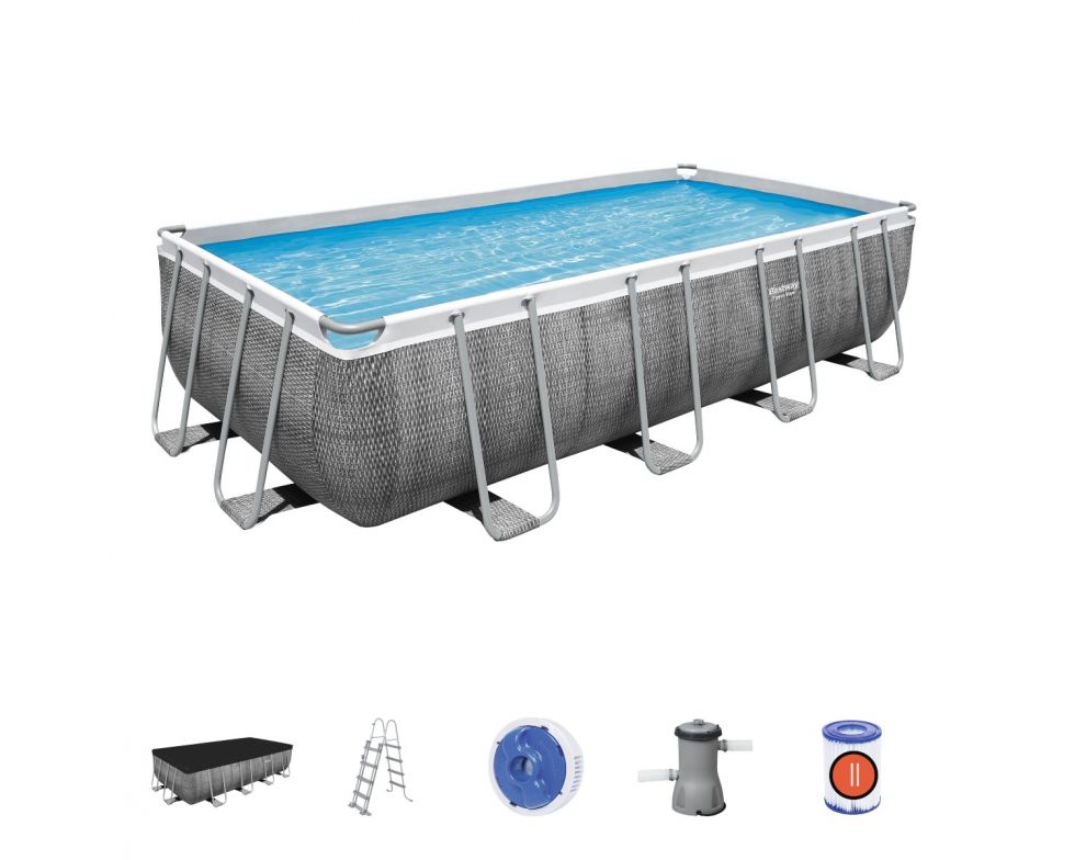 Set piscina fuori terra rettangolare Power Steel  da 488x244x122 cm con pompa filtro a cartuccia effetto rattan grigio scuro