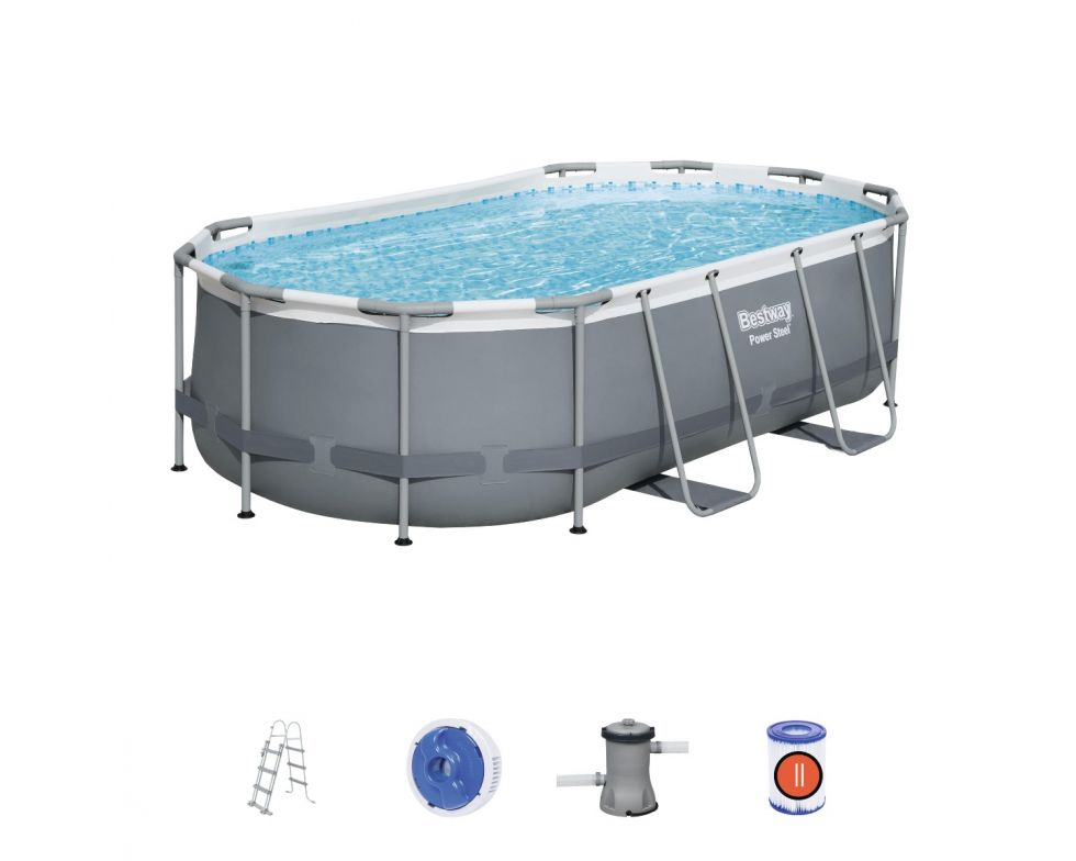 Set piscina fuori terra ovale Power Steel  da 427x250x100 cm con pompa filtro a cartuccia grigio scuro