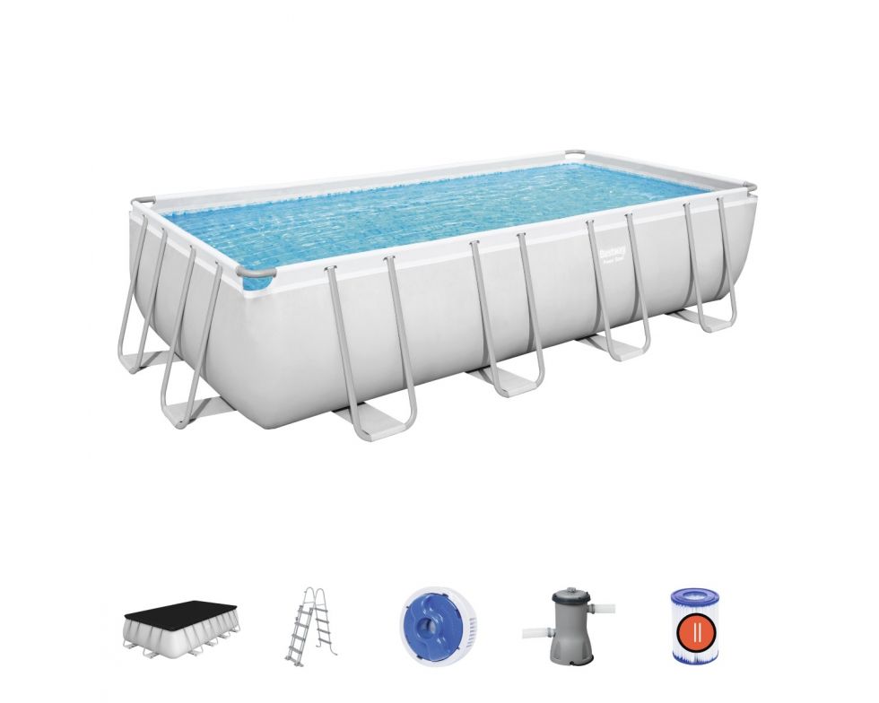 Set piscina fuori terra rettangolare Power Steel  da 488x244x122 cm con pompa filtro a cartuccia grigio chiaro