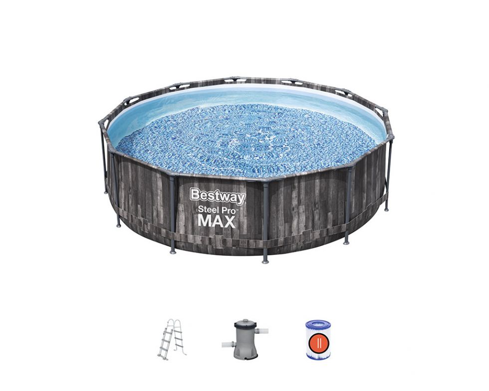 Set piscina fuori terra rotonda Steel Pro MAX  da 366x100 cm effetto legno scuro