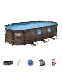 Set piscina fuori terra ovale Power Steel Swim Vista  da 549x274x122 cm  con pompa filtro a cartuccia effetto rattan scuro